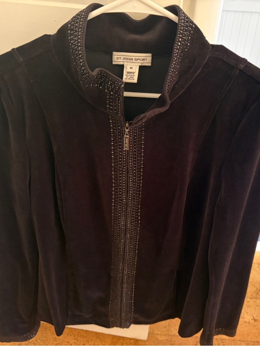 St John Sport size M Black Velvet Zip-Front Jacket w rhinestones